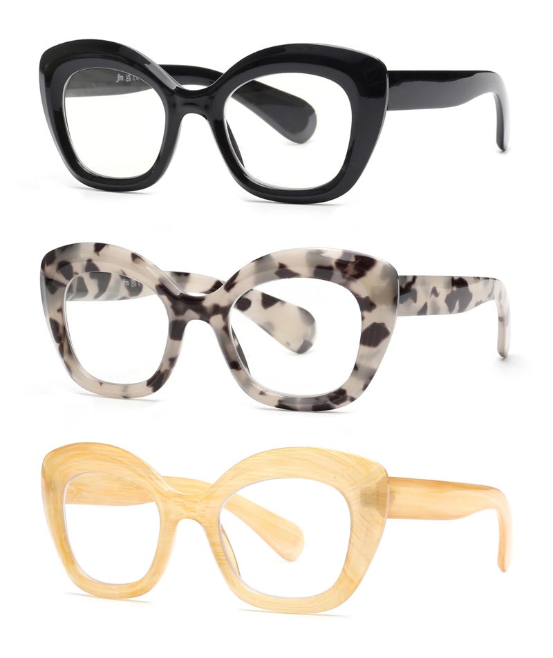 نظارات قراءة نسائية كبيرة الحجم على شكل عين القط - 3 عبوات - مرنة ضد الضوء الأزرق